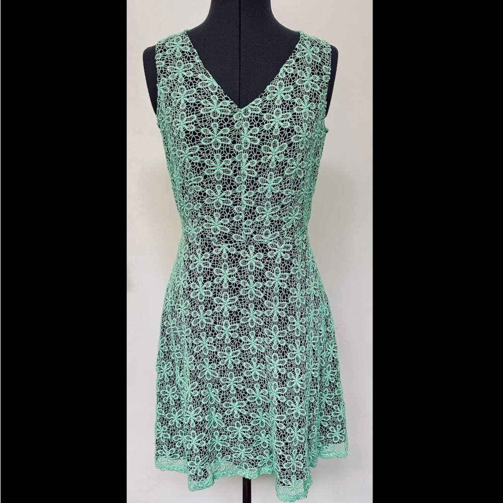 CYNTHIA ROWLEY LADIES TANK DRESS MINT GREEN FLORAL LACE NAVY BLUE FIT FLARE 4